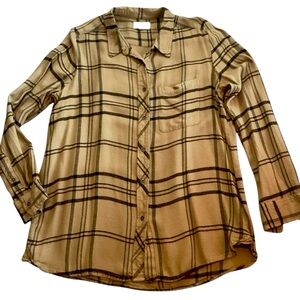 Melloday Baby Soft Tan Flannel Button Down Shirt, Size Large 100%‎ Rayon Plaid